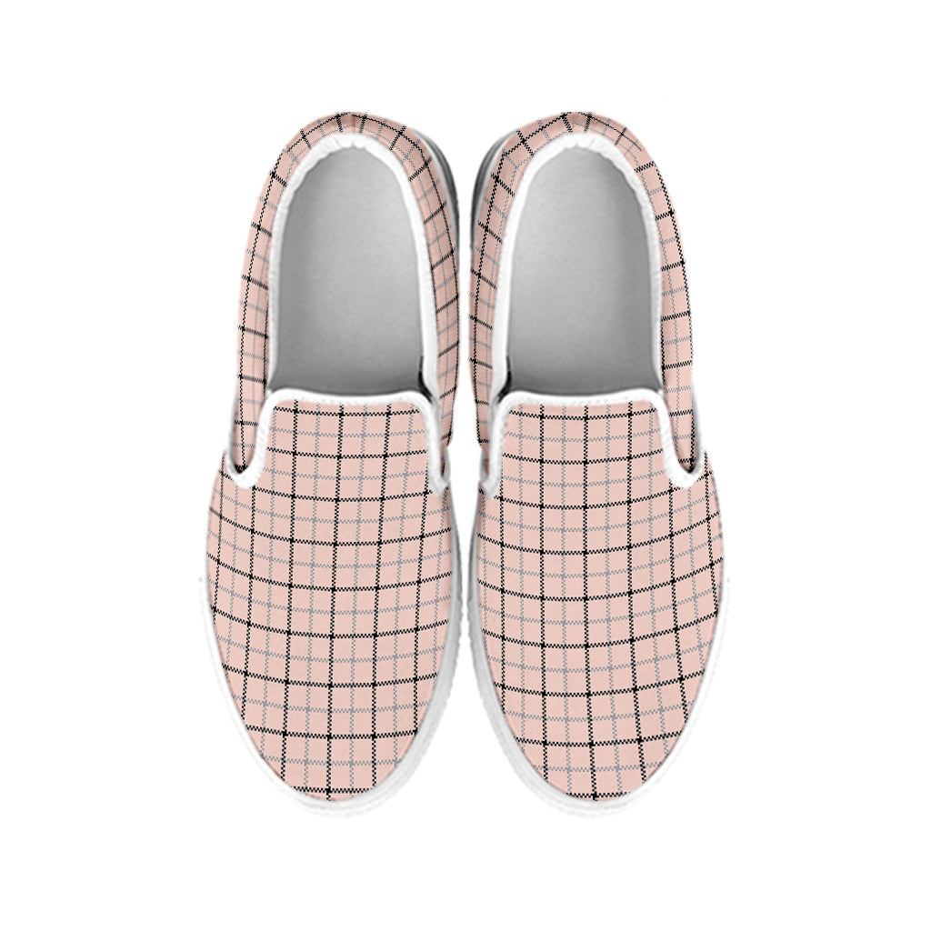 Pastel Pink And Black Tattersall Print White Slip On Shoes