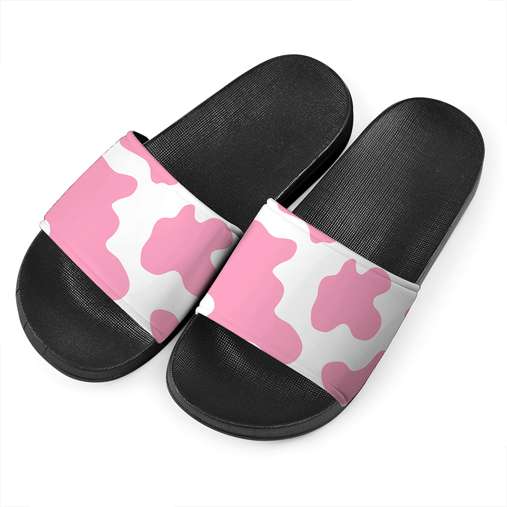 Pastel Pink And White Cow Print Black Slide Sandals