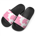 Pastel Pink And White Cow Print Black Slide Sandals