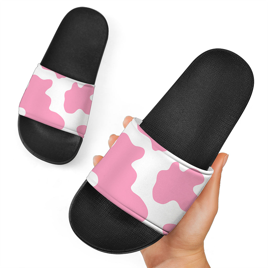 Pastel Pink And White Cow Print Black Slide Sandals