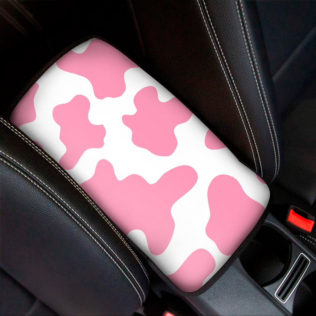 Pastel Pink And White Cow Print Car Center Console Cover
