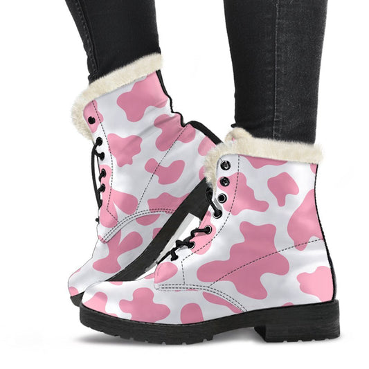 Pastel Pink And White Cow Print Comfy Boots GearFrost