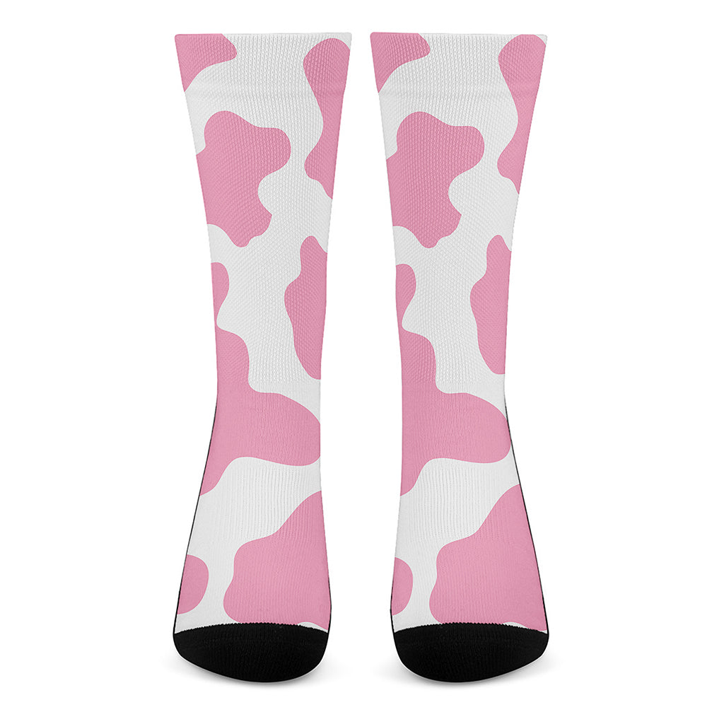 Pastel Pink And White Cow Print Crew Socks