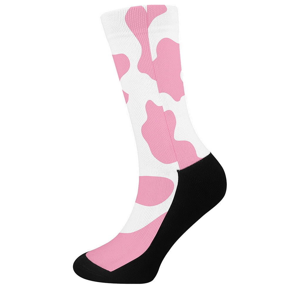 Pastel Pink And White Cow Print Crew Socks