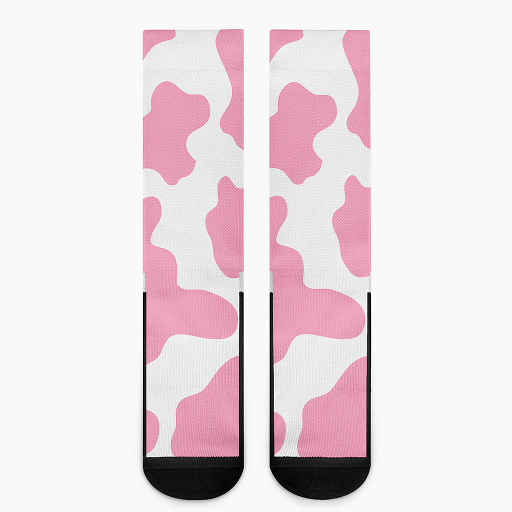 Pastel Pink And White Cow Print Crew Socks