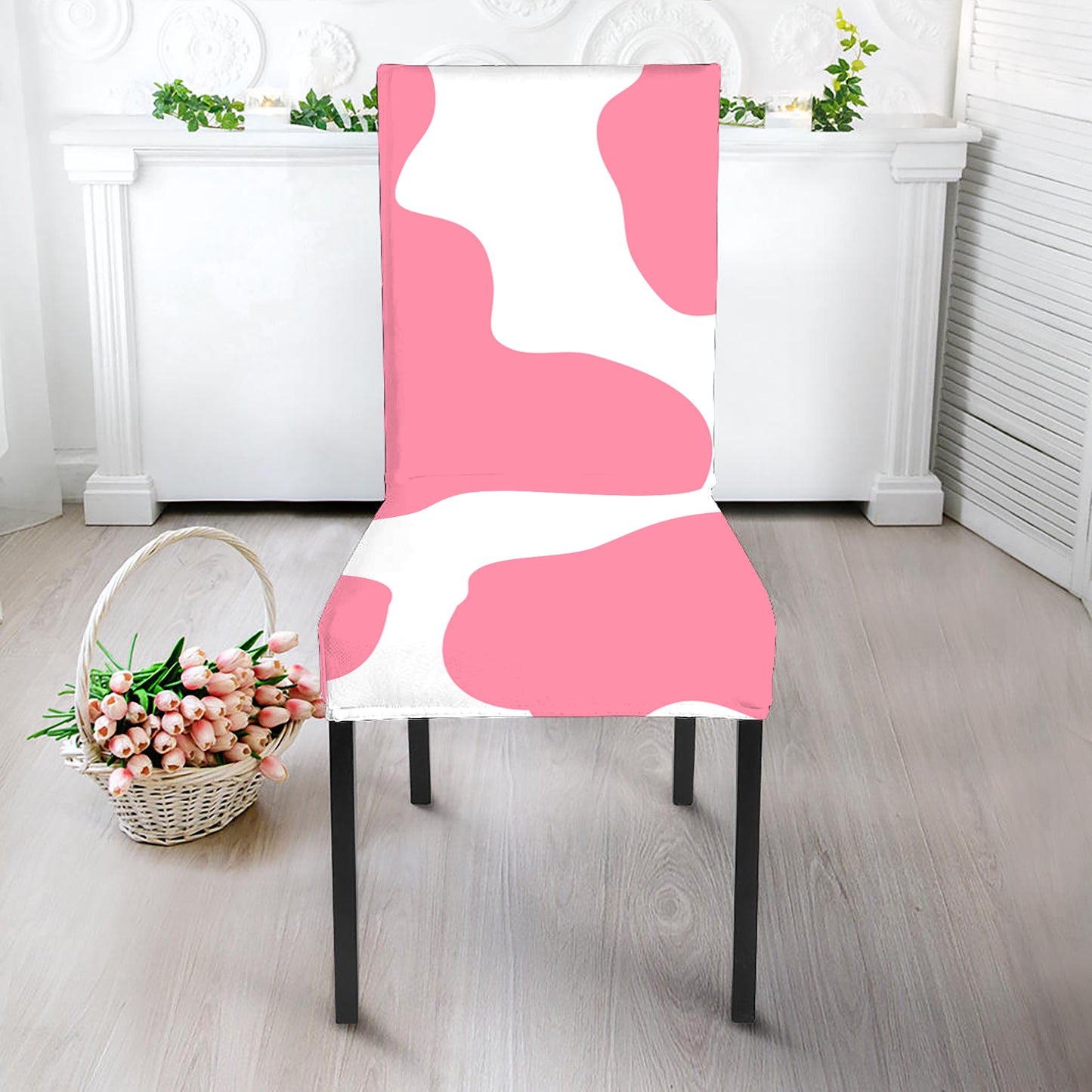 Pastel Pink And White Cow Print Dining Chair Slipcover