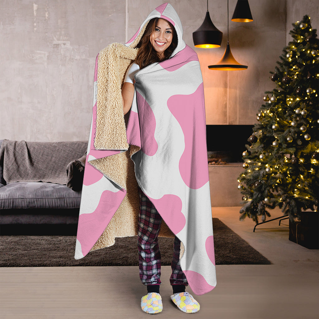 Pastel Pink And White Cow Print Hooded Blanket