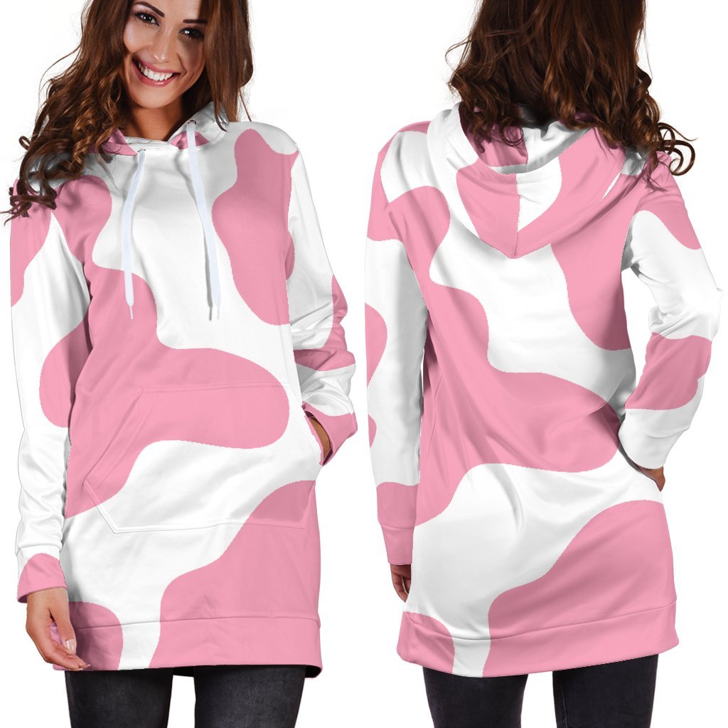Pastel Pink And White Cow Print Hoodie Dress GearFrost