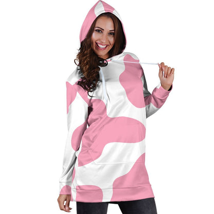 Pastel Pink And White Cow Print Hoodie Dress GearFrost