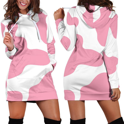 Pastel Pink And White Cow Print Hoodie Dress GearFrost