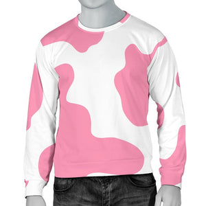 Pastel Pink And White Cow Print Men's Crewneck Sweatshirt GearFrost