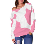 Pastel Pink And White Cow Print Off Shoulder Sweatshirt GearFrost