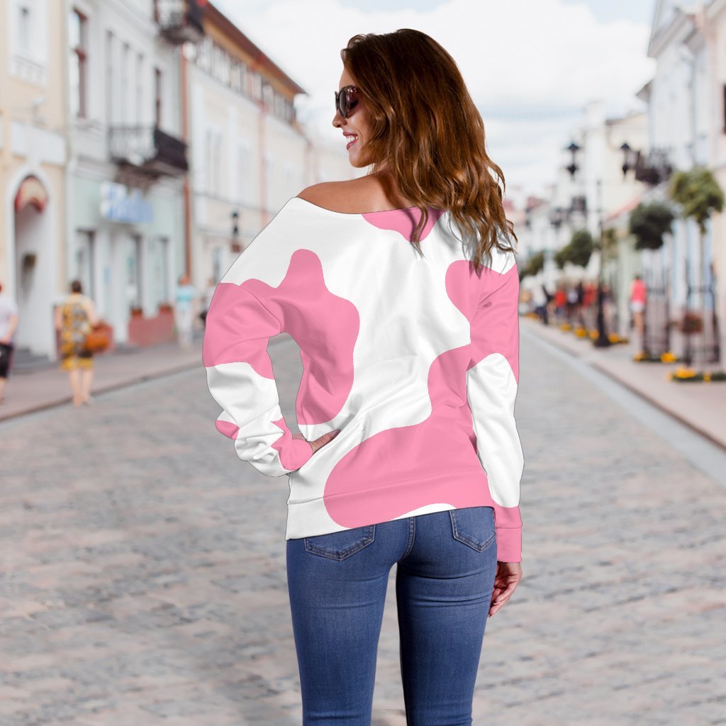 Pastel Pink And White Cow Print Off Shoulder Sweatshirt GearFrost