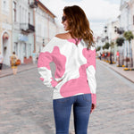 Pastel Pink And White Cow Print Off Shoulder Sweatshirt GearFrost