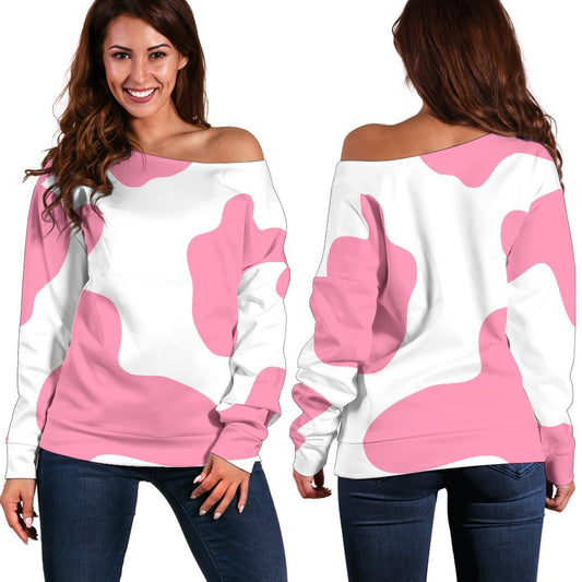 Pastel Pink And White Cow Print Off Shoulder Sweatshirt GearFrost
