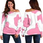 Pastel Pink And White Cow Print Off Shoulder Sweatshirt GearFrost
