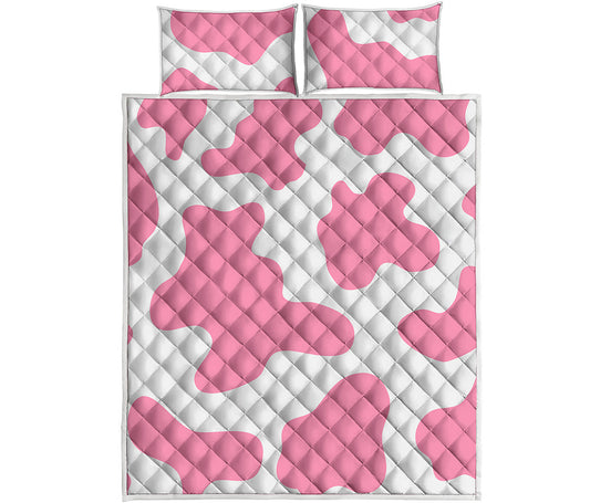 Pastel Pink And White Cow Print Quilt Bed Set
