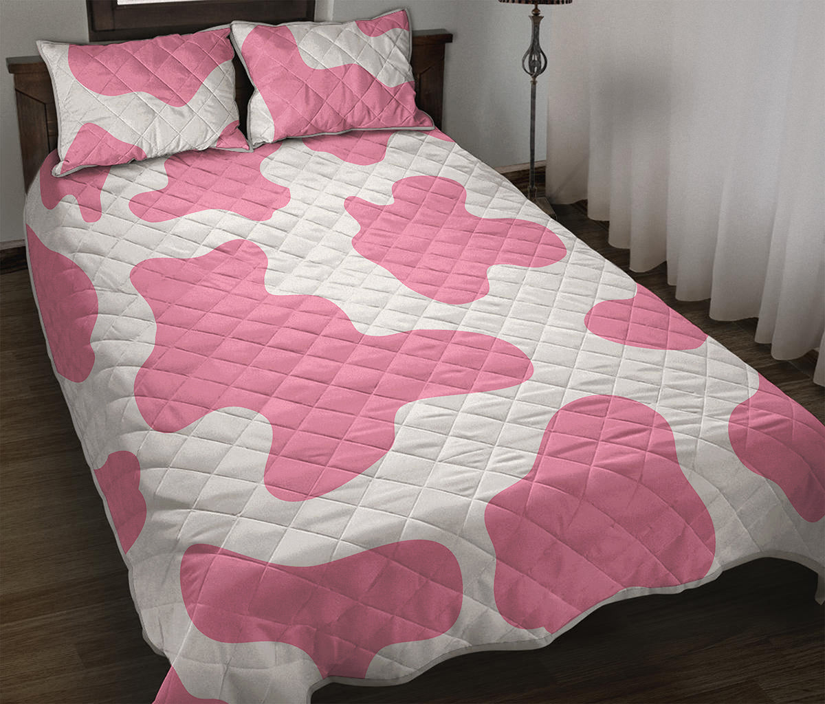 Pastel Pink And White Cow Print Quilt Bed Set