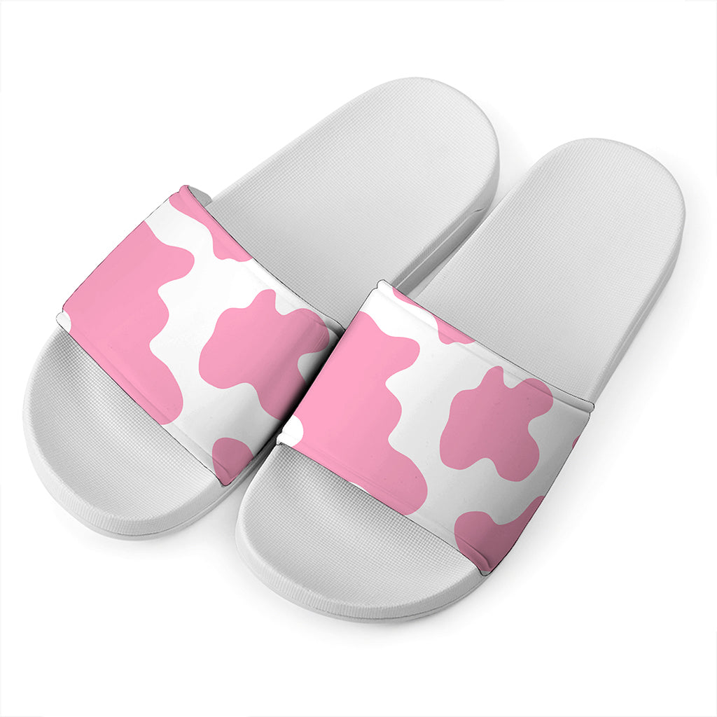 Pastel Pink And White Cow Print White Slide Sandals