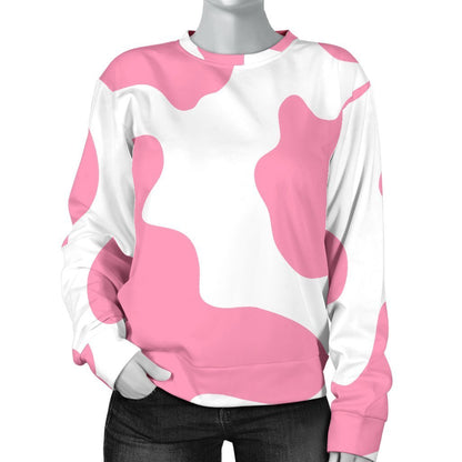 Pastel Pink And White Cow Print Women's Crewneck Sweatshirt GearFrost