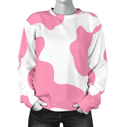 Pastel Pink And White Cow Print Women's Crewneck Sweatshirt GearFrost