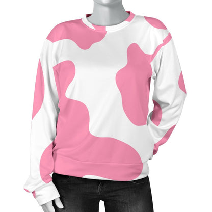 Pastel Pink And White Cow Print Women's Crewneck Sweatshirt GearFrost