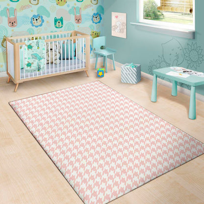 Pastel Pink And White Houndstooth Print Area Rug