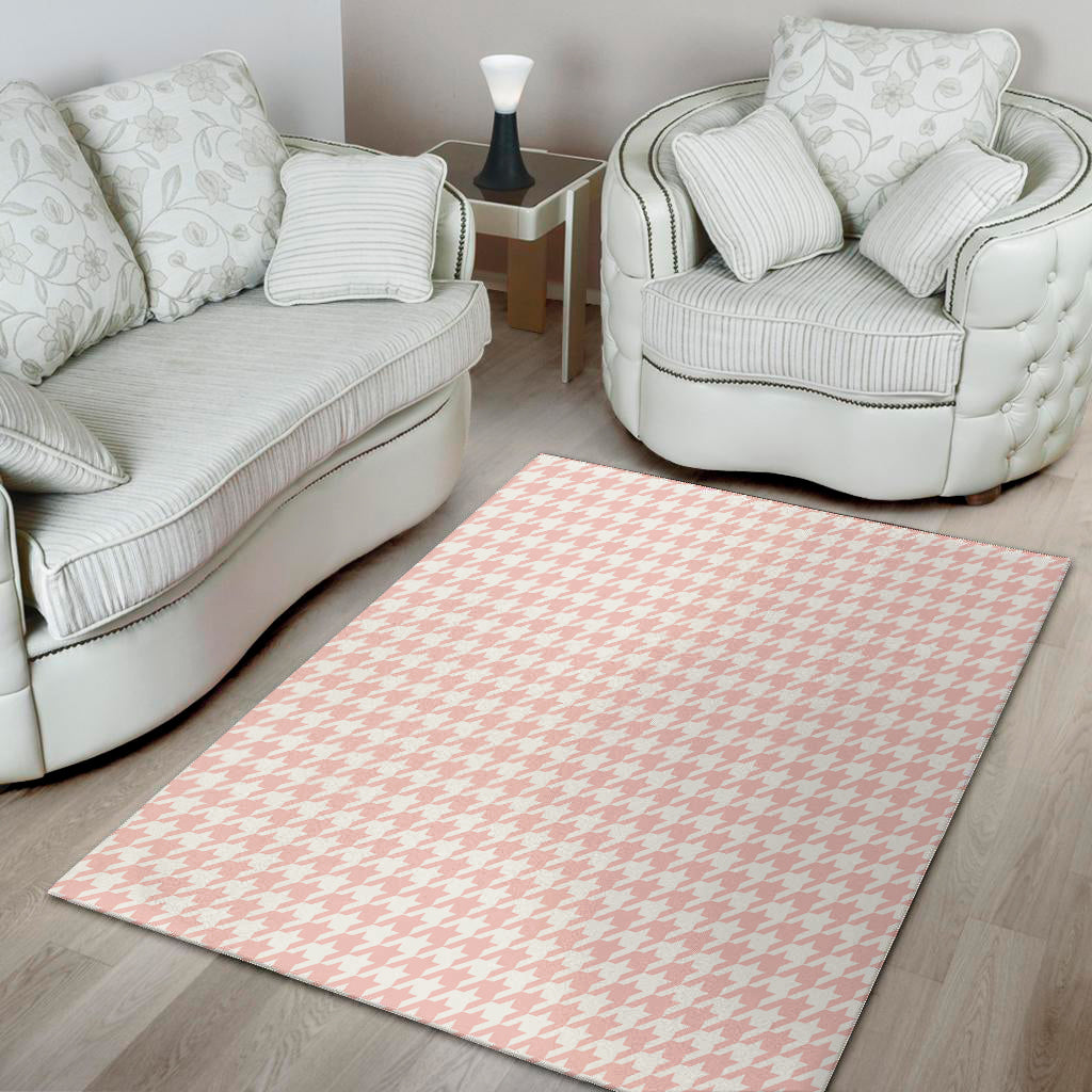 Pastel Pink And White Houndstooth Print Area Rug