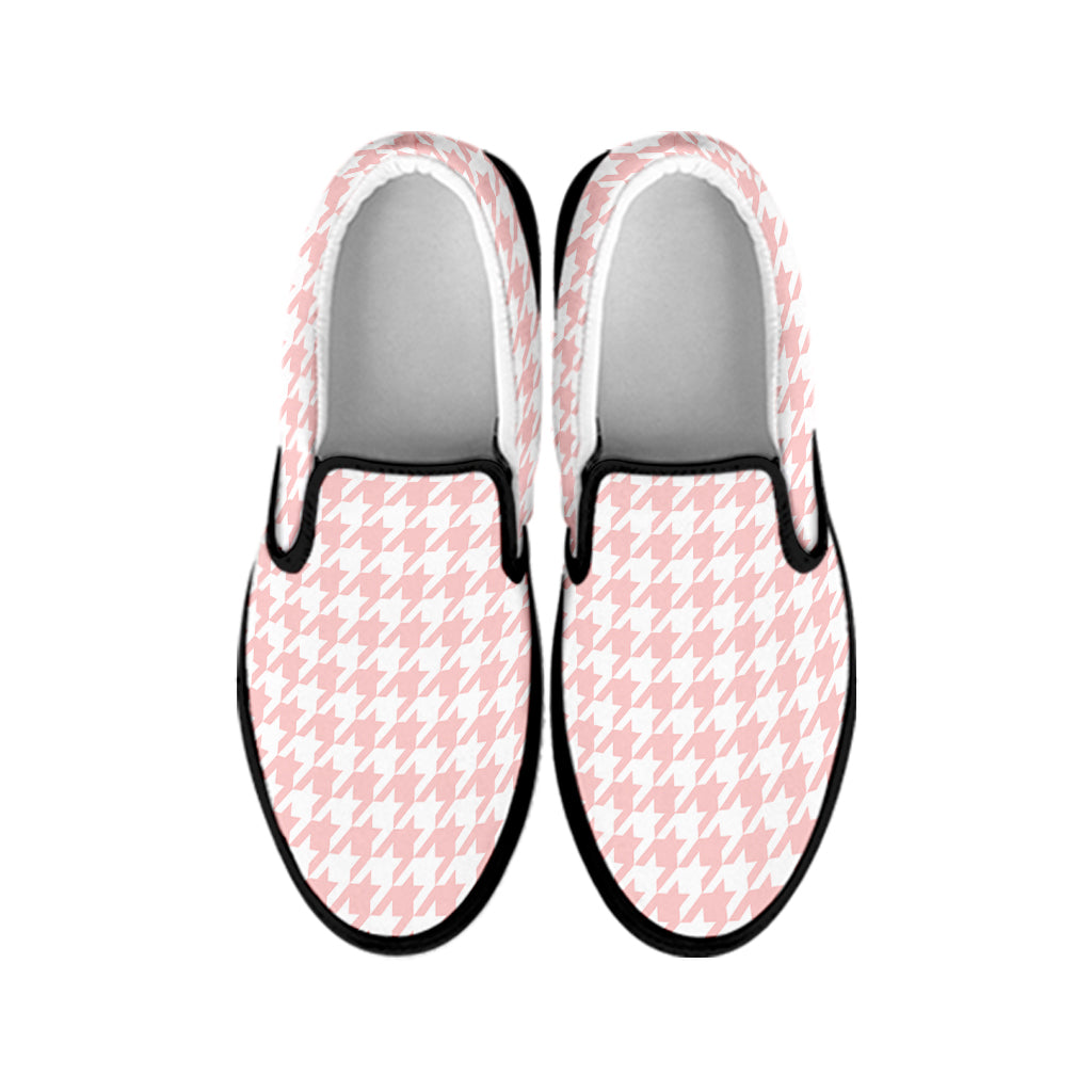Pastel Pink And White Houndstooth Print Black Slip On Shoes