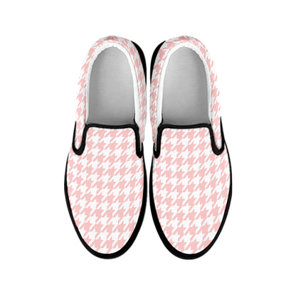 Pastel Pink And White Houndstooth Print Black Slip On Shoes