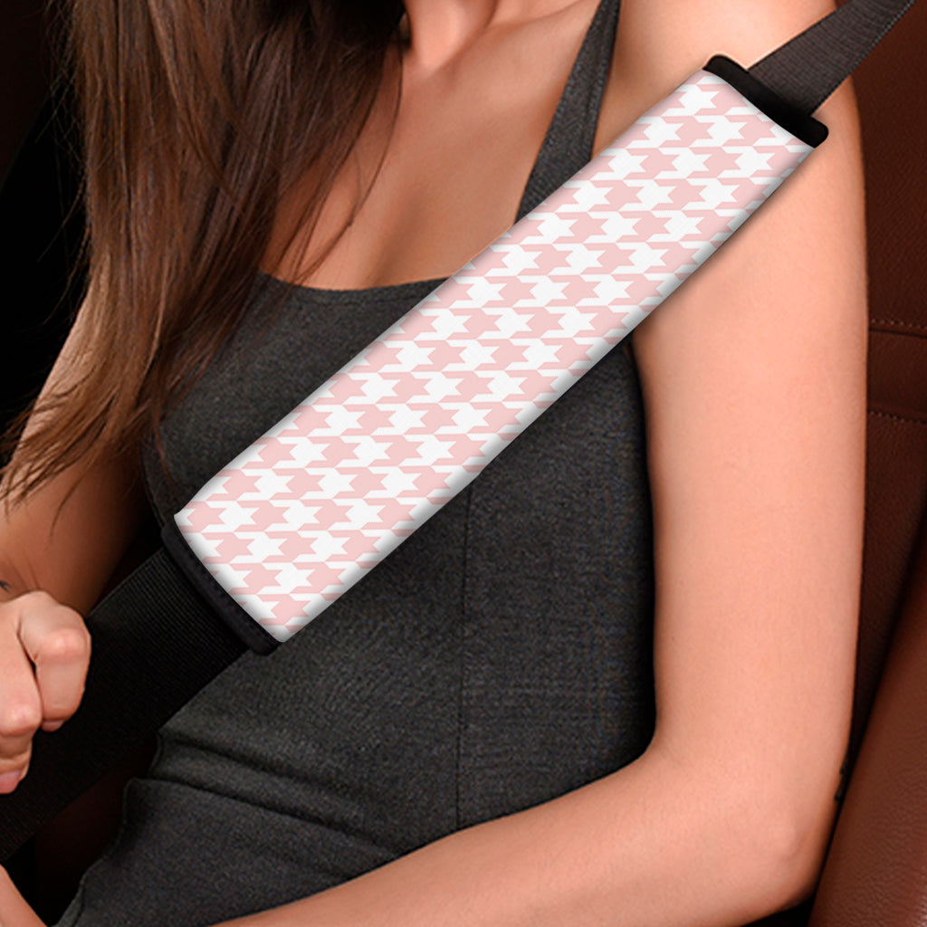 Pastel Pink And White Houndstooth Print Car Seat Belt Covers