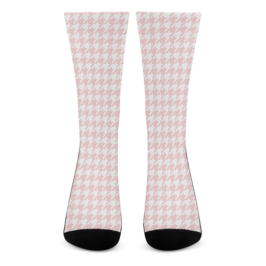 Pastel Pink And White Houndstooth Print Crew Socks