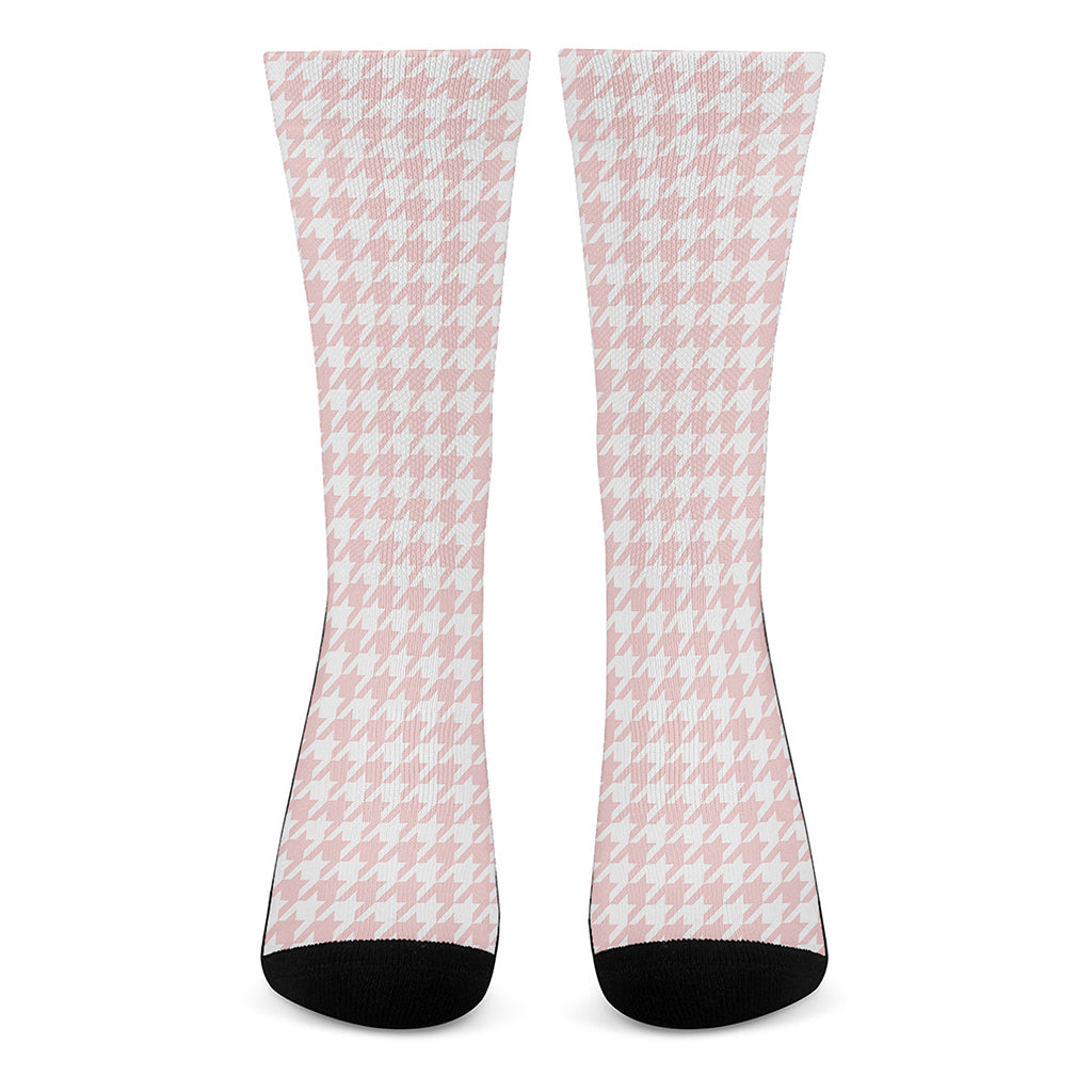 Pastel Pink And White Houndstooth Print Crew Socks