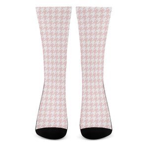 Pastel Pink And White Houndstooth Print Crew Socks