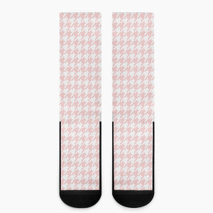 Pastel Pink And White Houndstooth Print Crew Socks