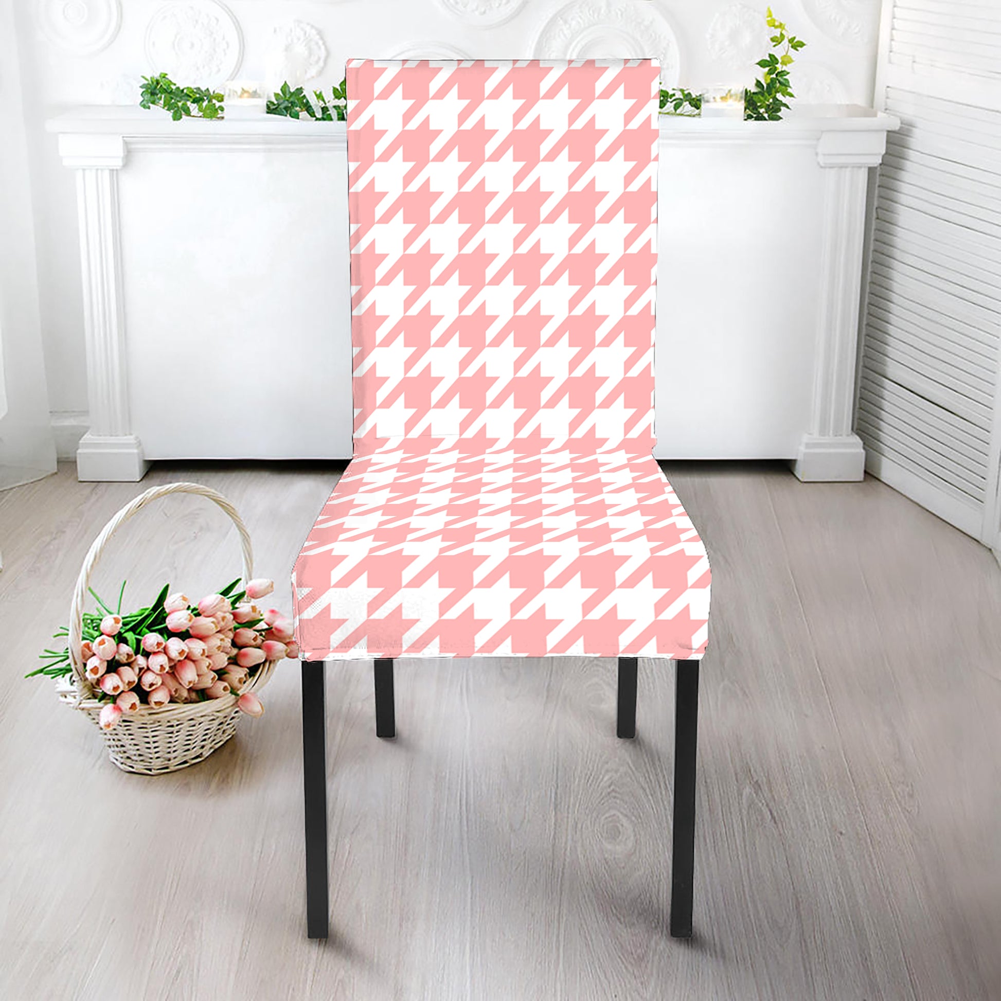 Pastel Pink And White Houndstooth Print Dining Chair Slipcover