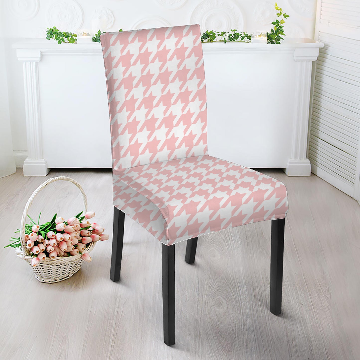 Pastel Pink And White Houndstooth Print Dining Chair Slipcover