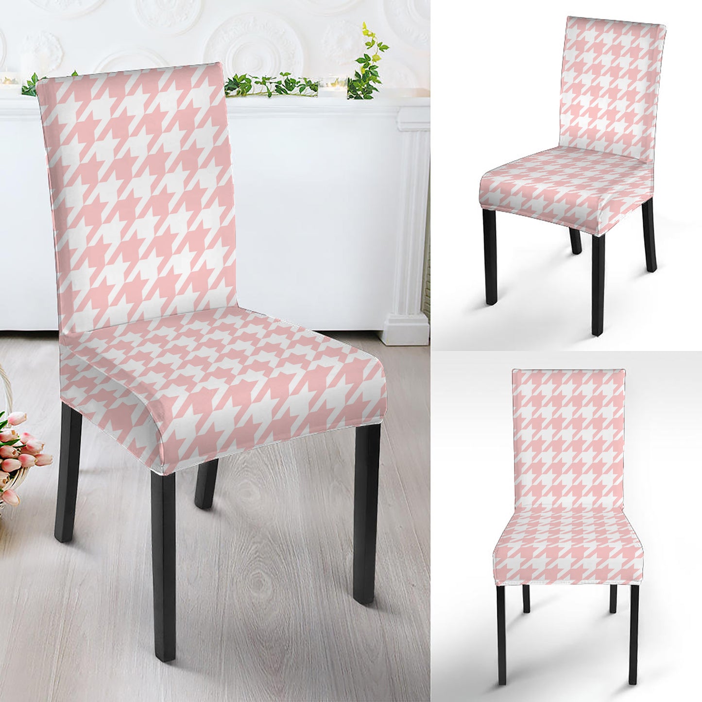 Pastel Pink And White Houndstooth Print Dining Chair Slipcover