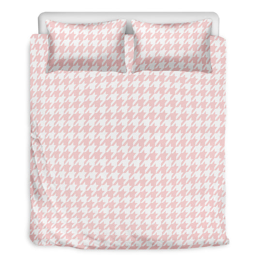 Pastel Pink And White Houndstooth Print Duvet Cover Bedding Set