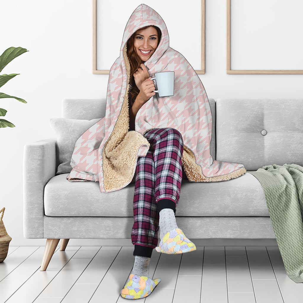 Pastel Pink And White Houndstooth Print Hooded Blanket