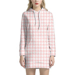 Pastel Pink And White Houndstooth Print Hoodie Dress
