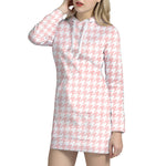 Pastel Pink And White Houndstooth Print Hoodie Dress