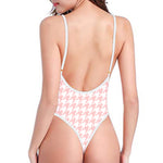 Pastel Pink And White Houndstooth Print One Piece High Cut Swimsuit