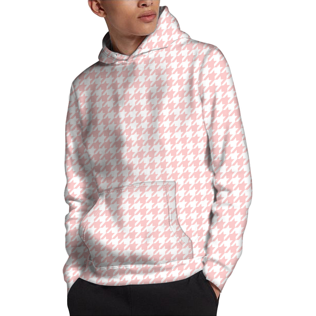 Pastel Pink And White Houndstooth Print Pullover Hoodie