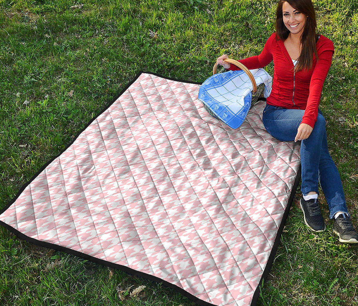 Pastel Pink And White Houndstooth Print Quilt