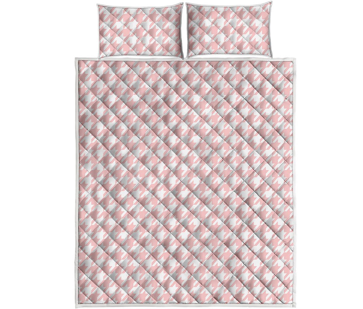 Pastel Pink And White Houndstooth Print Quilt Bed Set