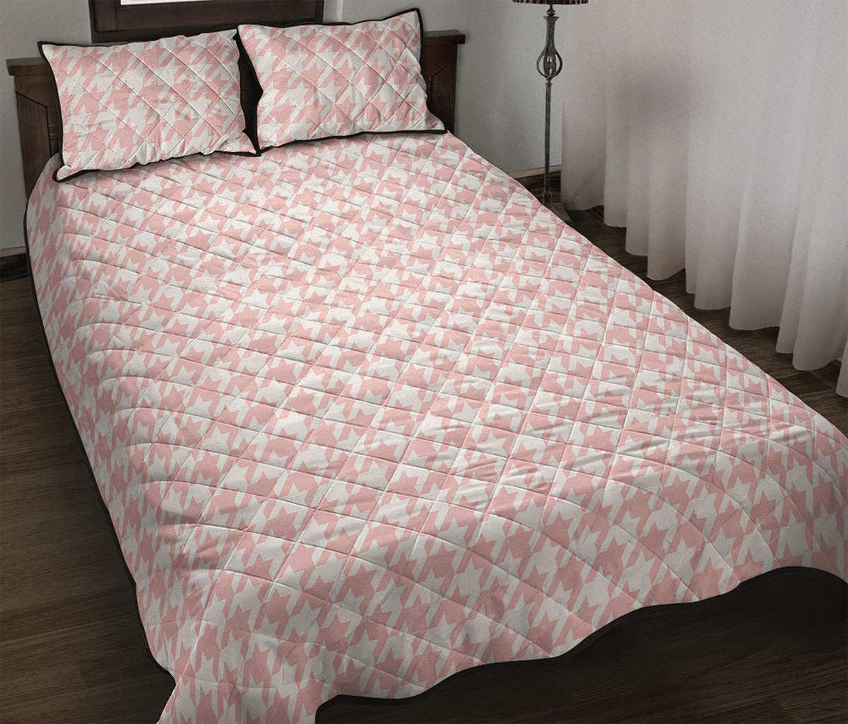 Pastel Pink And White Houndstooth Print Quilt Bed Set
