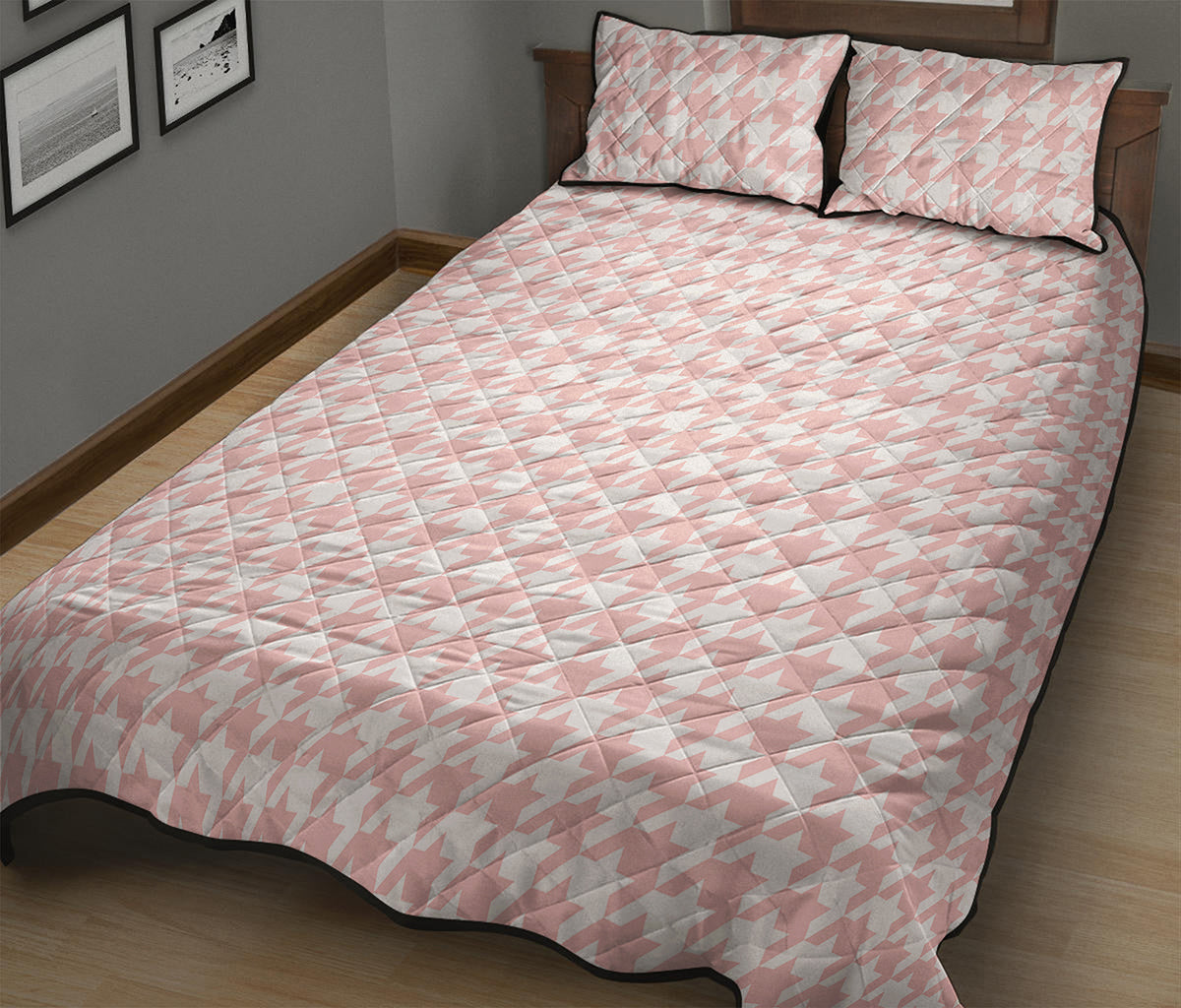 Pastel Pink And White Houndstooth Print Quilt Bed Set