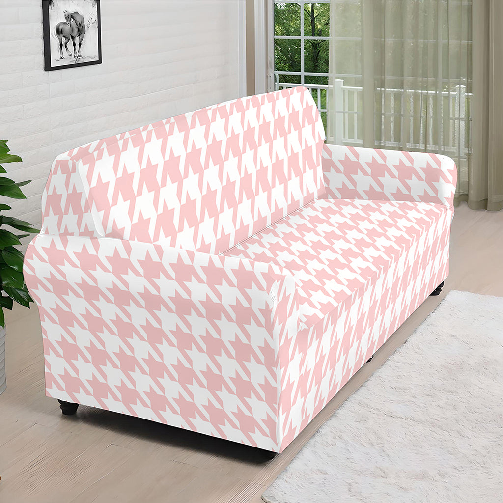 Pastel Pink And White Houndstooth Print Sofa Cover