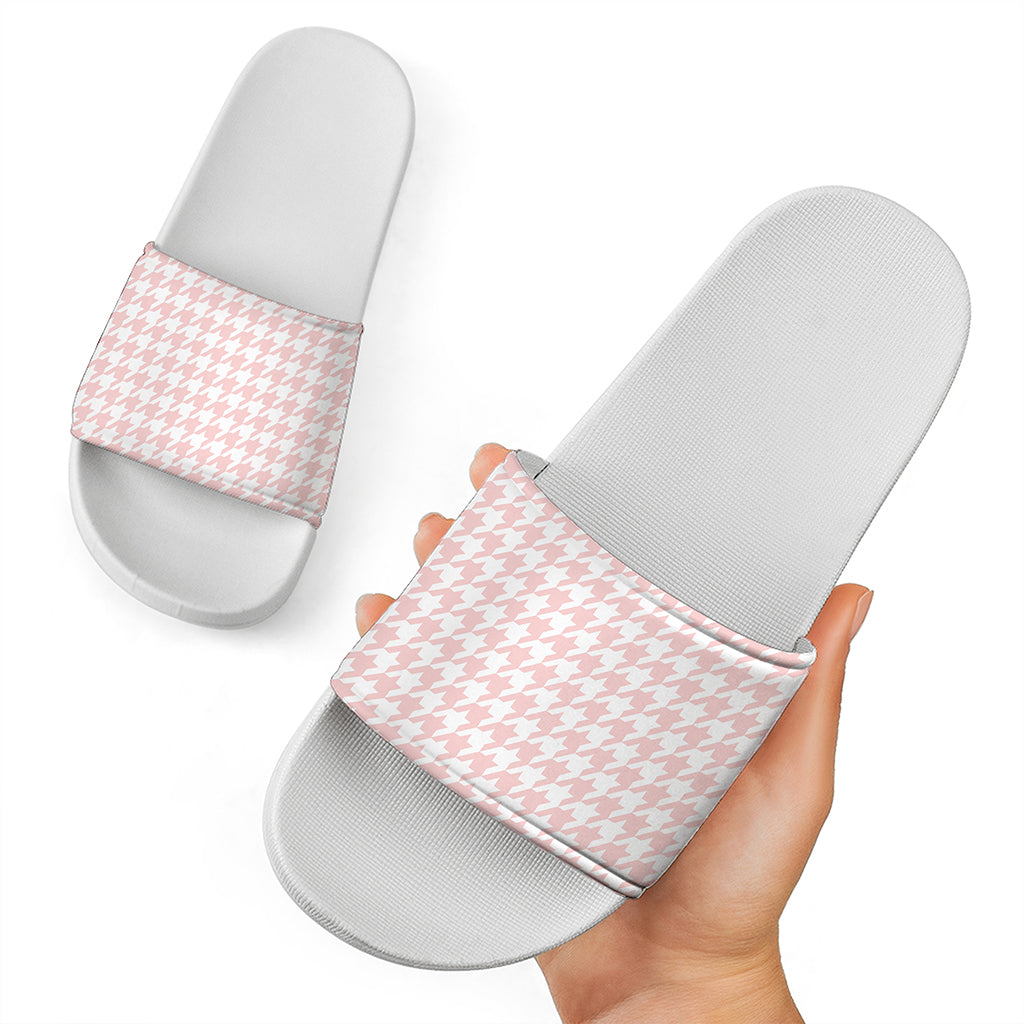 Pastel Pink And White Houndstooth Print White Slide Sandals